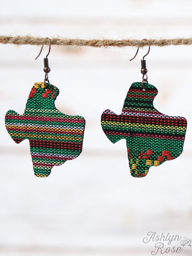 Green Serape Texas Leather Earrings, Copper