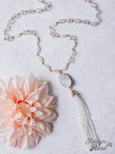 Load image into Gallery viewer, GLAMOURS ALWAYS WHITE DRUZY STONE PENDANT CLEAR BEADED TASSEL NECKLACE
