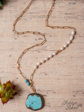 Load image into Gallery viewer, WILD WEST GLAM RHINESTONE TURQUOISE SLAB ON A PEARL BEADED GOLD LINKED CHAIN NECKLACE
