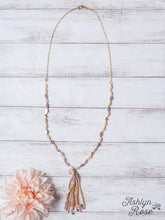 Load image into Gallery viewer, SWEET AND SIMPLE IRIDESCENT DRUZY QUARTZ BEADED TASSEL ON A PINK LAVENDER BEADED NECKLACE
