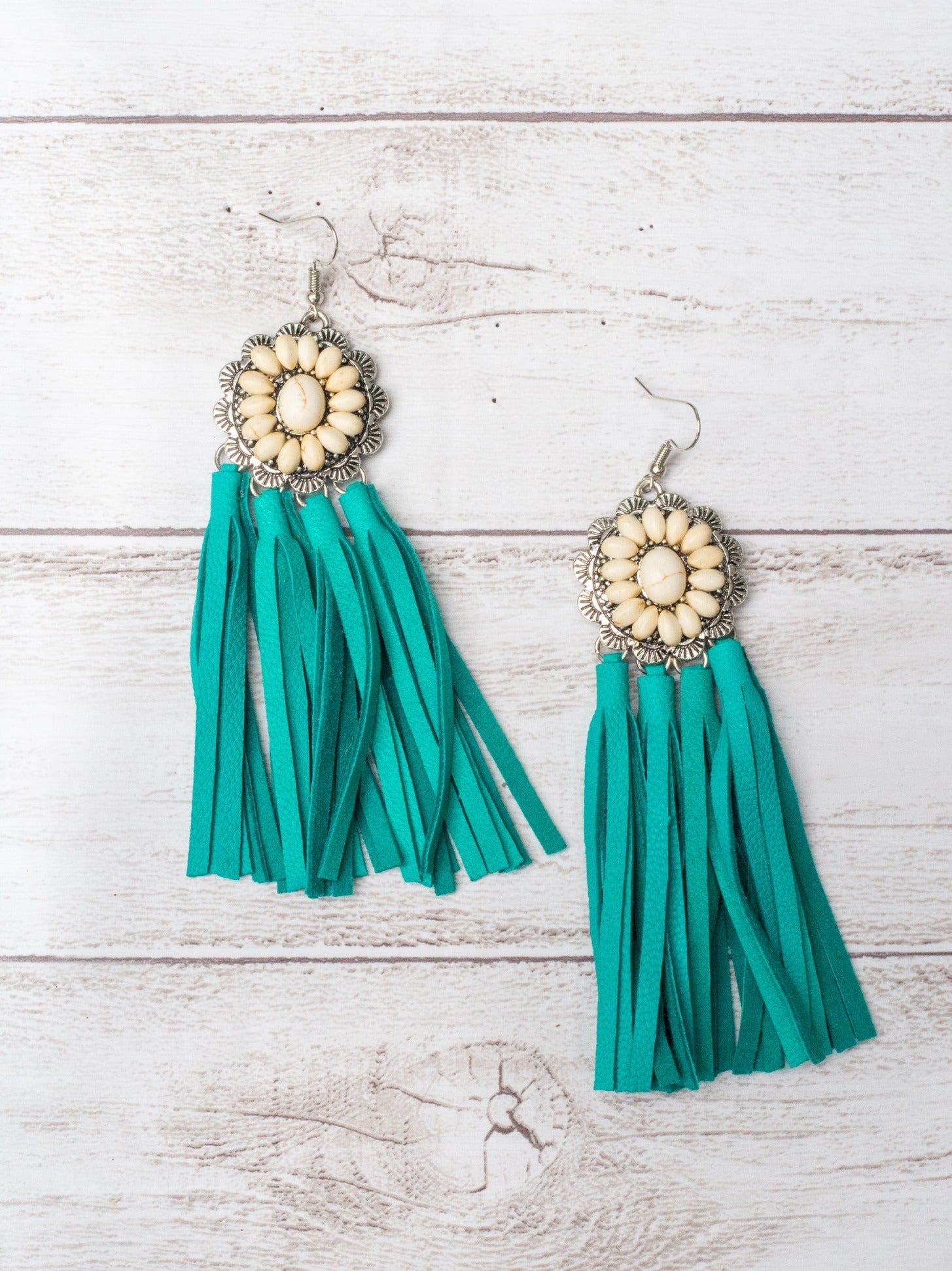 HOWDY BABE WHITE FLORAL CONCHO TURQUOISE TASSEL EARRINGS