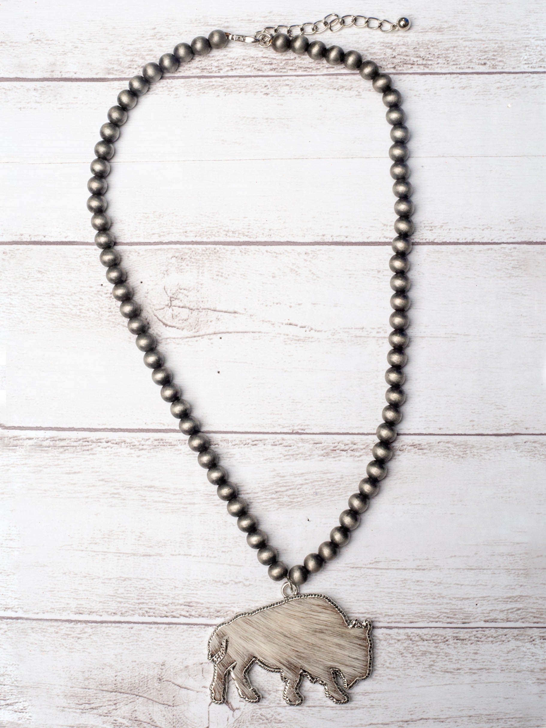 GONE RANCHIN' WHITE COWHIDE BISON PENDANT NAVAJO PEARL NECKLACE