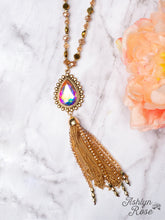 Load image into Gallery viewer, SHINE SO BRIGHT IRIDESCENT OVAL PENDANT GOLD CHAIN TASSEL ON A CRYSTAL BEADED GOLD CHAIN NECKLACE, BROWN
