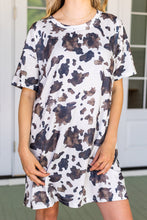 Load image into Gallery viewer, white and brown cow print tee shirt dress
