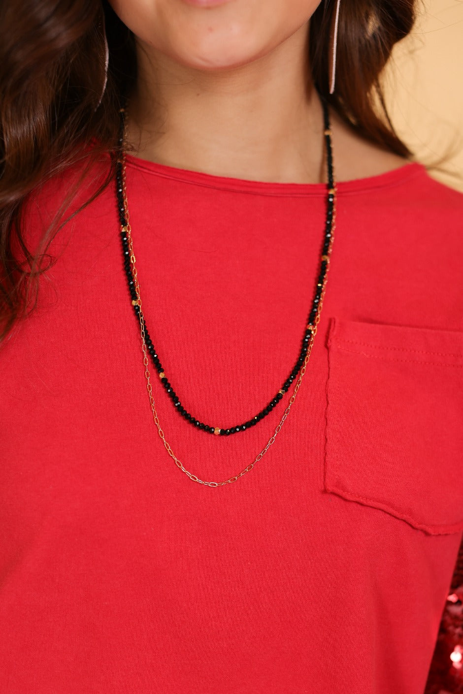 Glitz, Glam, Simple Strands Double Beaded Black Necklace with A Gold Chain