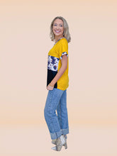 Load image into Gallery viewer, Tri Panel Mustard &amp; Cow Top
