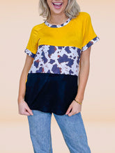 Load image into Gallery viewer, Tri Panel Mustard &amp; Cow Top
