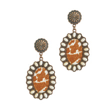 Load image into Gallery viewer, Cowhide Drop Earrings with Cream Stones
